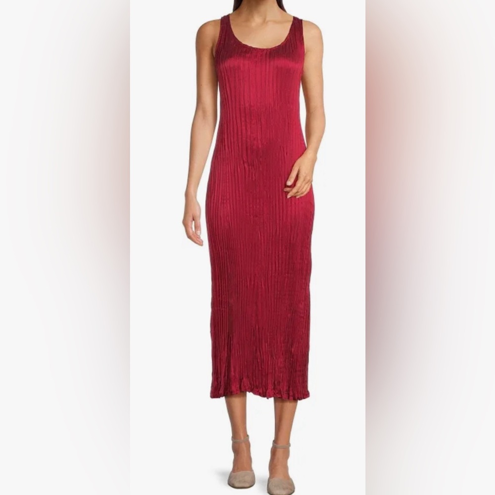 Eileen Fisher Crushed Cupro Ruby Red Scoop Neck Midi Dress, XXS, NWT